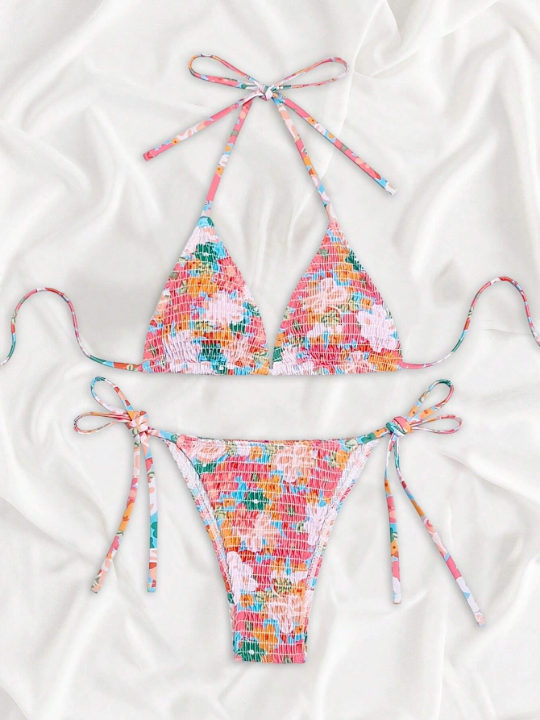 Floral Print Halter Triangle Tie Side Bikini Swimsuit