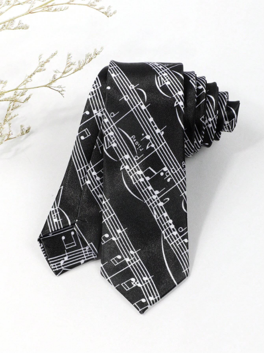 1pc Men's Fashionable Music Notes & Staff Pattern Fun 960-Needle Smooth Black Necktie Suitable For Party And Festival Matching