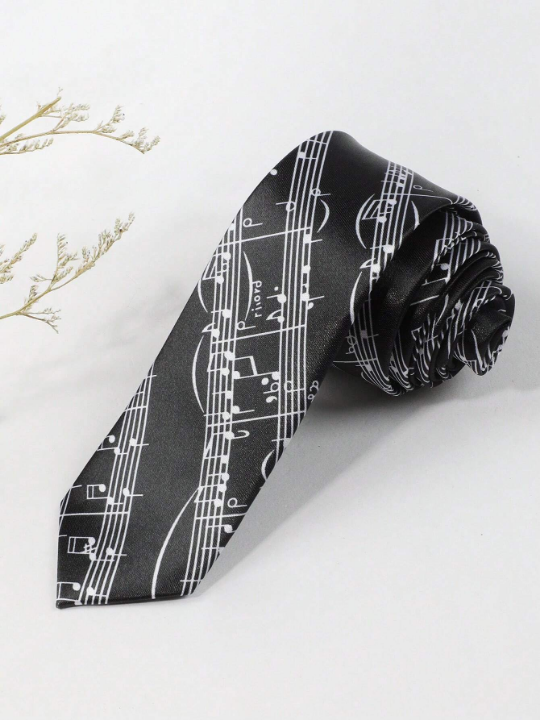 1pc Men's Fashionable Music Notes & Staff Pattern Fun 960-Needle Smooth Black Necktie Suitable For Party And Festival Matching