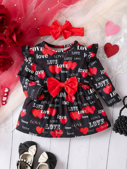 Baby Girl Heart & Letter Printed Bowknot Decorated Long Sleeve Dress