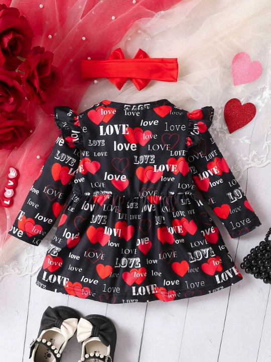 Baby Girl Heart & Letter Printed Bowknot Decorated Long Sleeve Dress