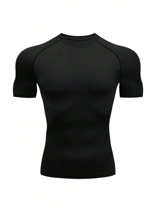 Men's Sport Fitness Tight Short Sleeve T-Shirt, Round Neck, Moisture Wicking, Solid Color Basic Workout Tee For Running Gym Training Gym Clothes Men Basic T Shirt