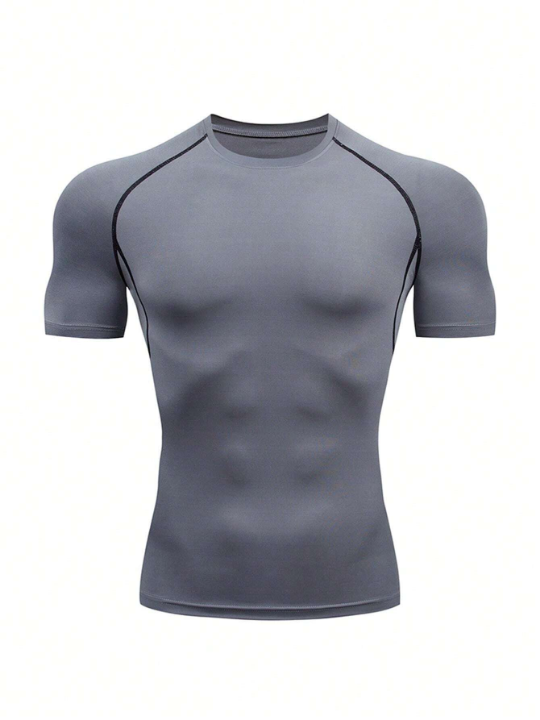 Men's Sports & Fitness Slim Fit Moisture Wicking Round Neck Short Sleeve, Solid Color Training Workout & Running Compression Top Gym Clothes Men Spring Tops Basic T Shirt