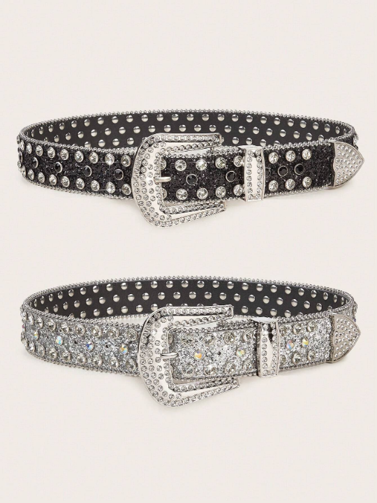 2pcs/Set Women's Western Style Rhinestone Belt For Cowgirl