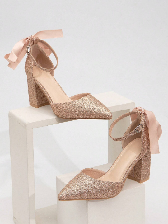 Fashionable Pearl Decorated Pointed Toe Hollow Out Single Shoes With Bowknot