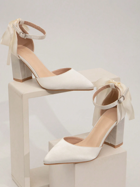 Fashionable Pearl Decor Pointed Hollow Single Shoes With Bow