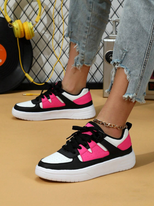 White/Black/Rose Red Lightweight & Comfortable Skateboarding Shoes, Casual Walking Shoes For Women, Holidays & Commutes