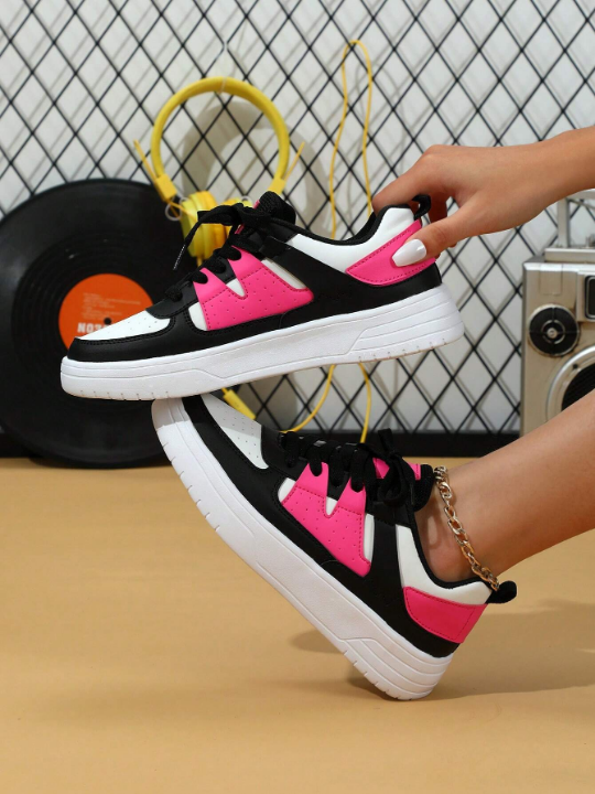 White/Black/Rose Red Lightweight & Comfortable Skateboarding Shoes, Casual Walking Shoes For Women, Holidays & Commutes