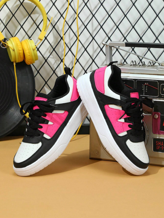 White/Black/Rose Red Lightweight & Comfortable Skateboarding Shoes, Casual Walking Shoes For Women, Holidays & Commutes