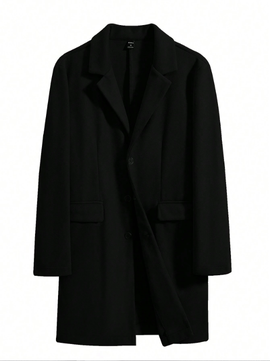 Manfinity Mode Men's Solid Colored Woolen Overcoat With Turn-Down Collar