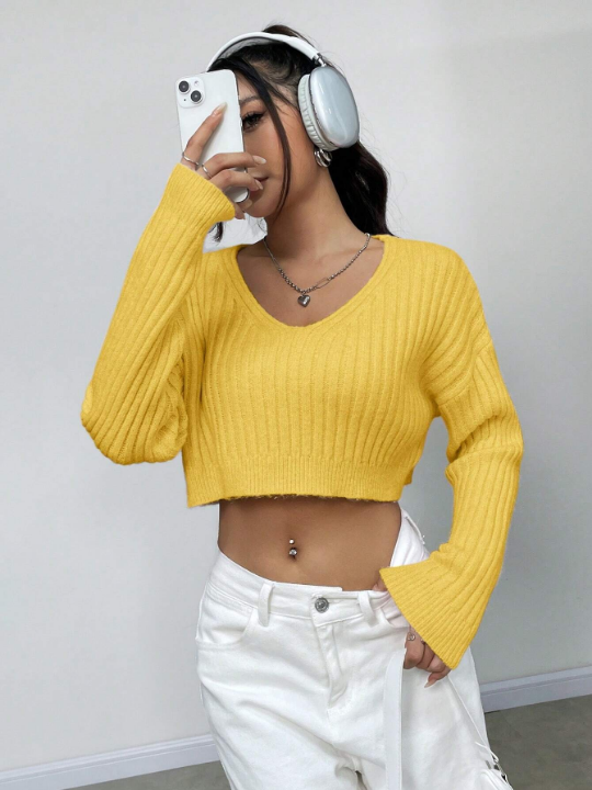 Women's V-Neck Crop Top Sweater