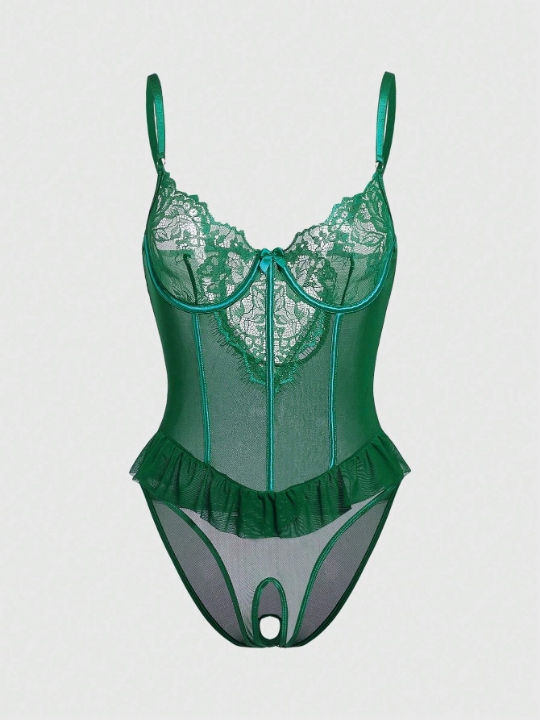 Women's Lace & Mesh Combining, Underwire Decor, Open Crotch Bodysuit Underwear
