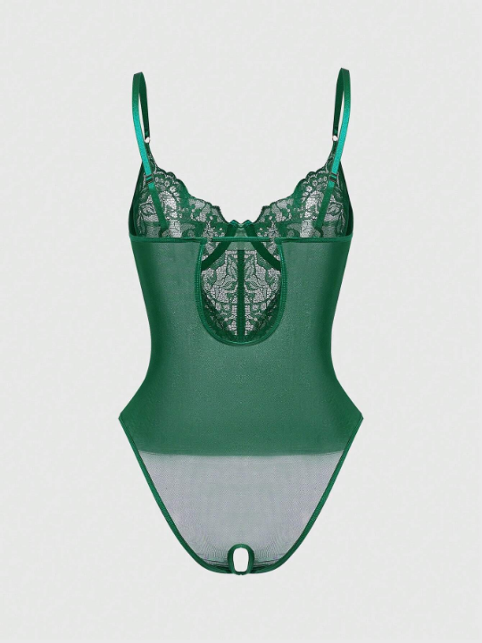 Women's Lace & Mesh Combining, Underwire Decor, Open Crotch Bodysuit Underwear