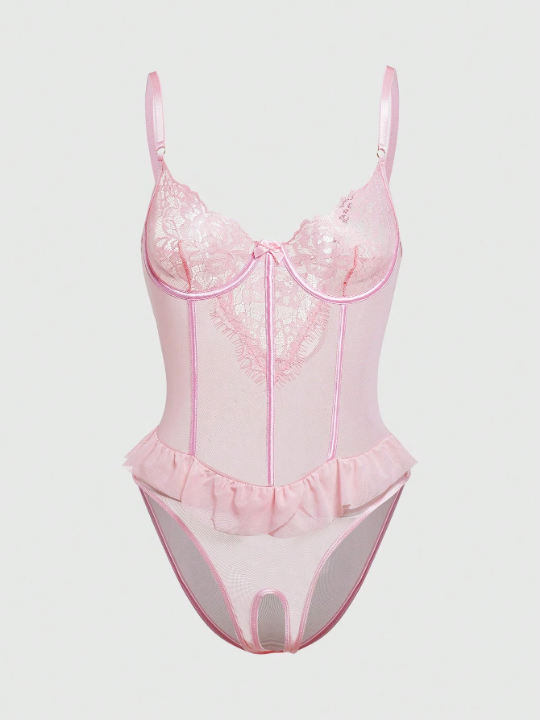 Women'S Steel Ring Eyelash Lace & Mesh Patchwork Open Crotch Bodysuit