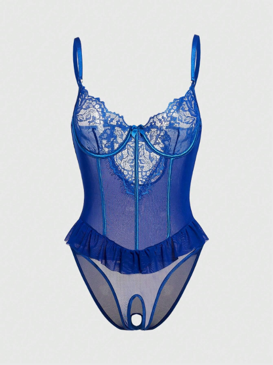 Women's Mesh Lace & Eyelash Trim Underwire Open Crotch Bodysuit Lingerie