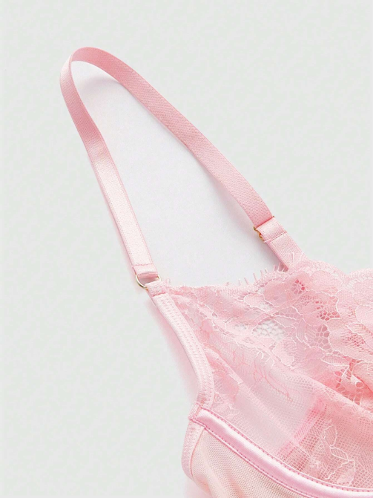 Women'S Steel Ring Eyelash Lace & Mesh Patchwork Open Crotch Bodysuit