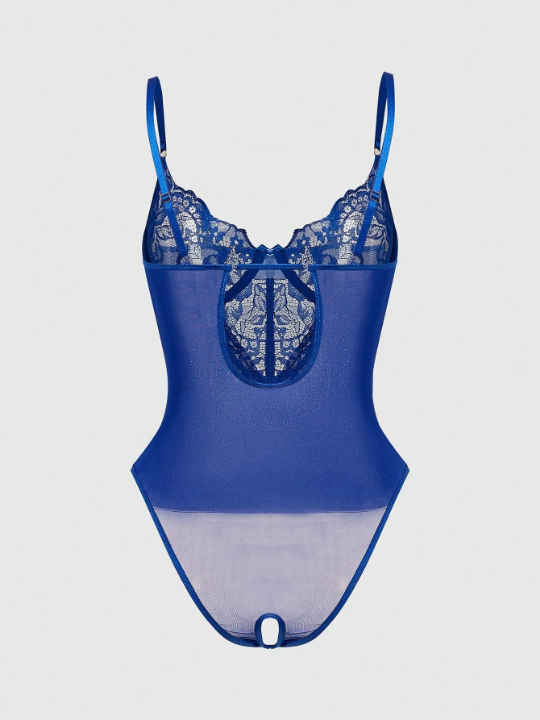 Women's Mesh Lace & Eyelash Trim Underwire Open Crotch Bodysuit Lingerie