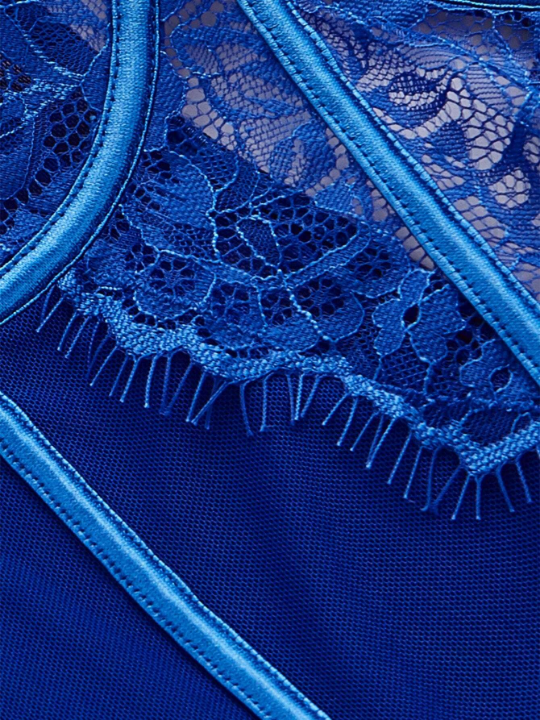 Women's Mesh Lace & Eyelash Trim Underwire Open Crotch Bodysuit Lingerie