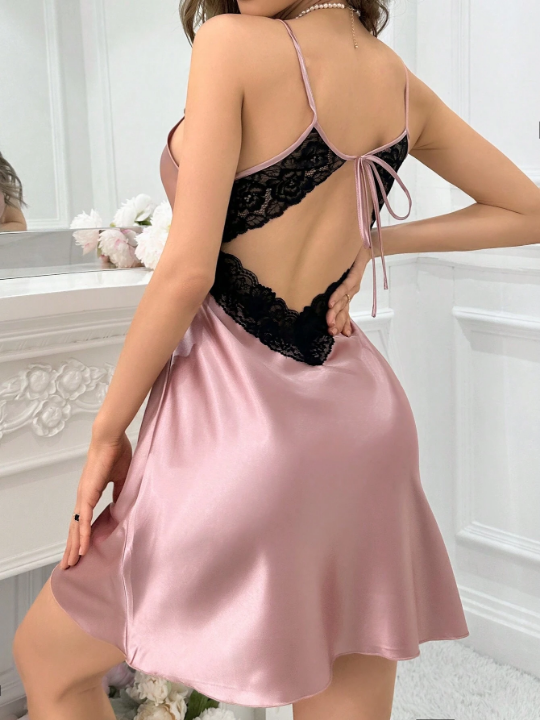 Ladies Lace Patchwork Backless Cami Nightgown