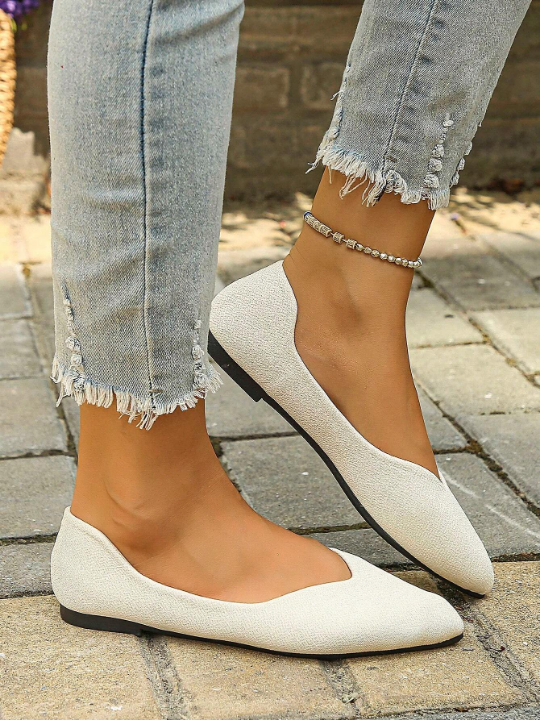 Plus Size 35-45 Outdoor White Pointed Toe Flat Shoes, Fashionable Shallow Mouth Work Shoes, Versatile And Comfortable Women's Flat Shoes