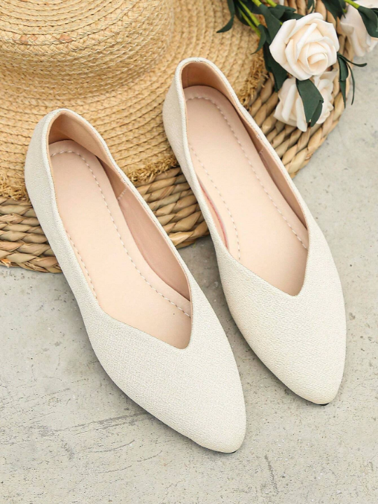 Plus Size 35-45 Outdoor White Pointed Toe Flat Shoes, Fashionable Shallow Mouth Work Shoes, Versatile And Comfortable Women's Flat Shoes