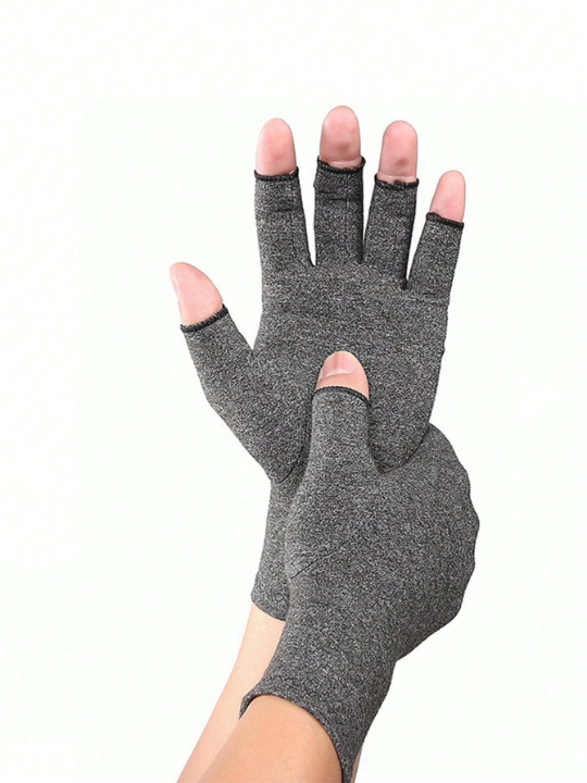 1 Pair Unisex Arthritis Gloves Grey Fingerless Gloves Warm Elastic Knit Gloves For Women & Men