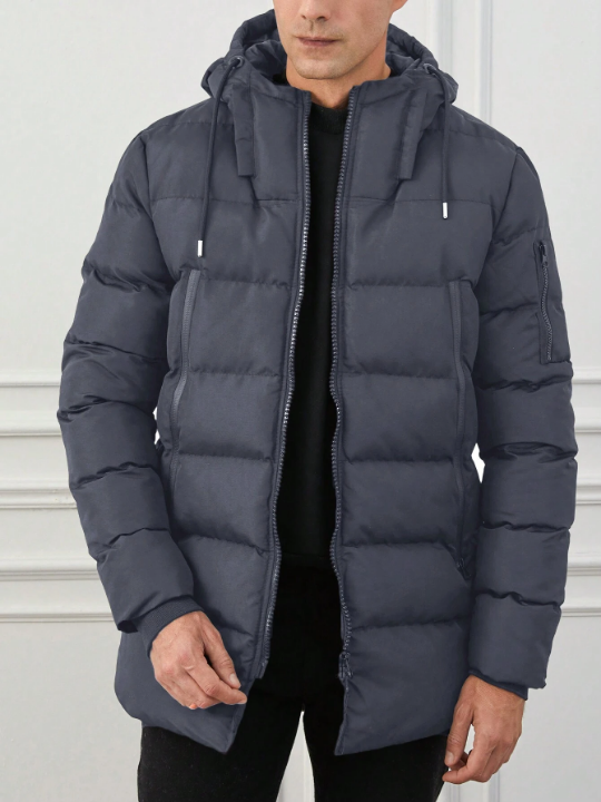 Men's Hooded Drawstring Zipper Closure Padded Jacket