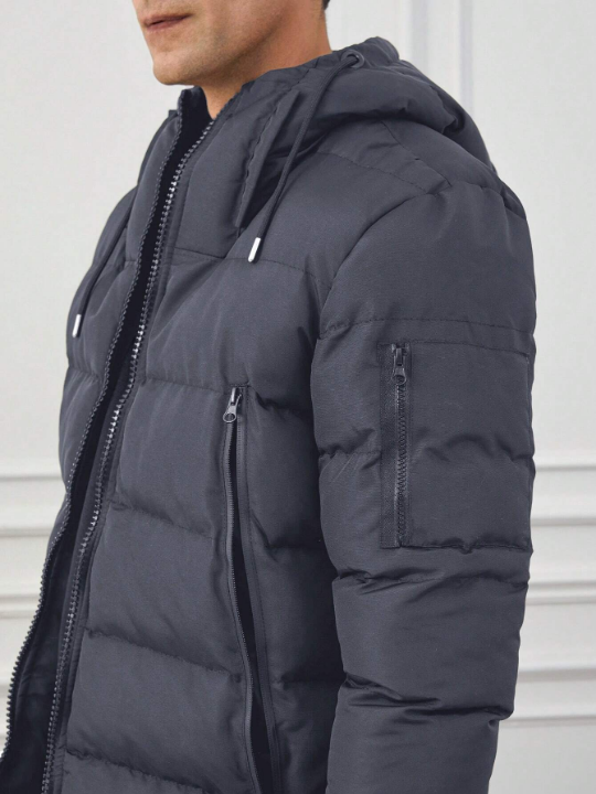 Men's Hooded Drawstring Zipper Closure Padded Jacket