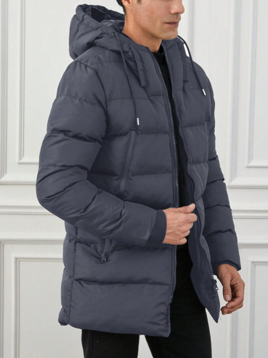 Men's Hooded Drawstring Zipper Closure Padded Jacket