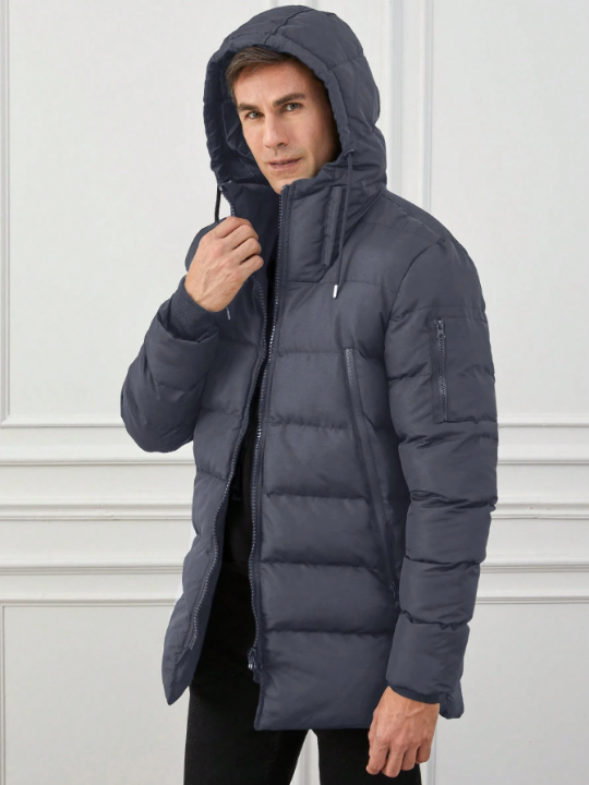 Men's Hooded Drawstring Zipper Closure Padded Jacket