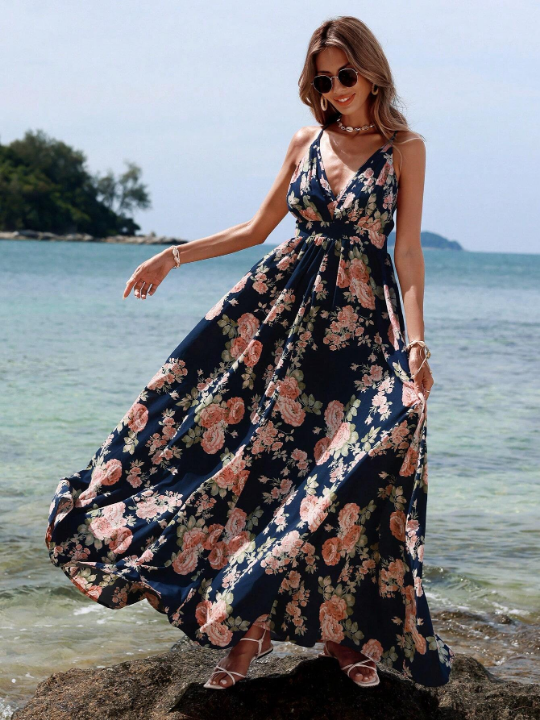 VCAY Holiday Floral Printed Backless Spaghetti Strap Dress