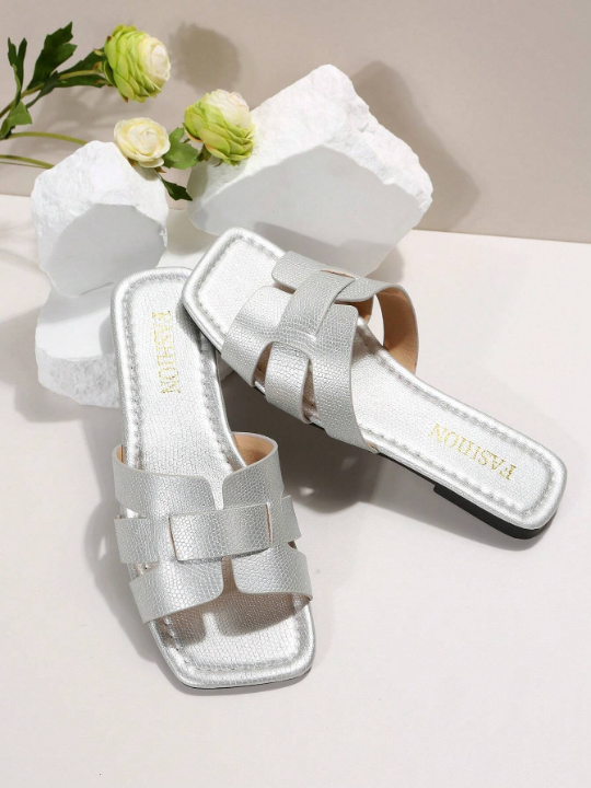 Women's Snake Skin Embossed Square Toe Flat Sandals, Slippers