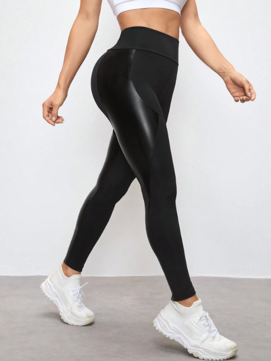 Yoga Trendy Sport Leggings With Bright Pu Material Panels