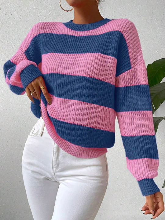 Essnce Women's Striped Color Blocking Drop Shoulder Sweater