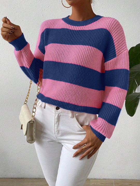 Essnce Women's Striped Color Blocking Drop Shoulder Sweater