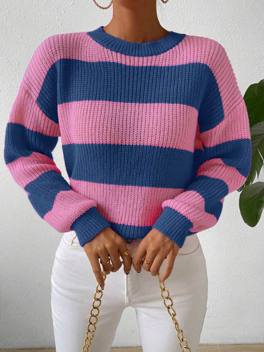 Essnce Women's Striped Color Blocking Drop Shoulder Sweater