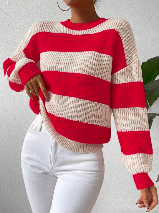 Essnce Women's Color Block Striped Drop Shoulder Sweater