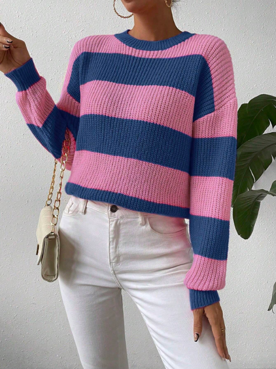 Essnce Women's Striped Color Blocking Drop Shoulder Sweater