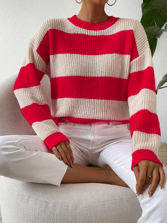 Essnce Women's Color Block Striped Drop Shoulder Sweater