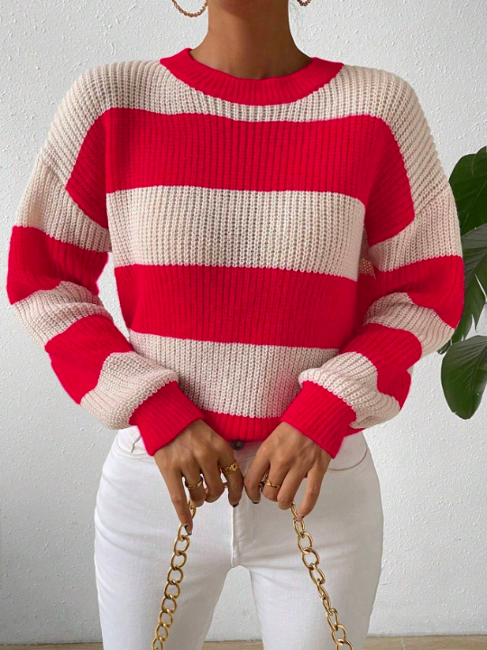 Essnce Women's Color Block Striped Drop Shoulder Sweater