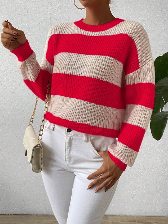 Essnce Women's Color Block Striped Drop Shoulder Sweater