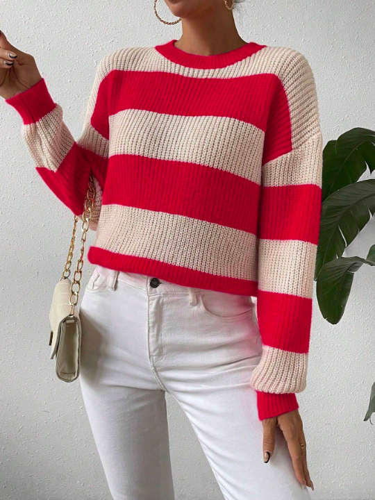 Essnce Women's Color Block Striped Drop Shoulder Sweater