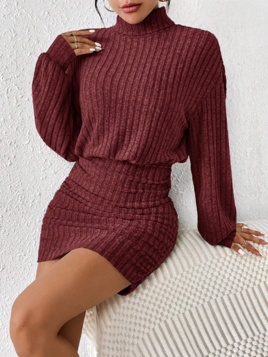 Frenchy Women's High Neck, Waist-Cinching, Ribbed Knit Dress