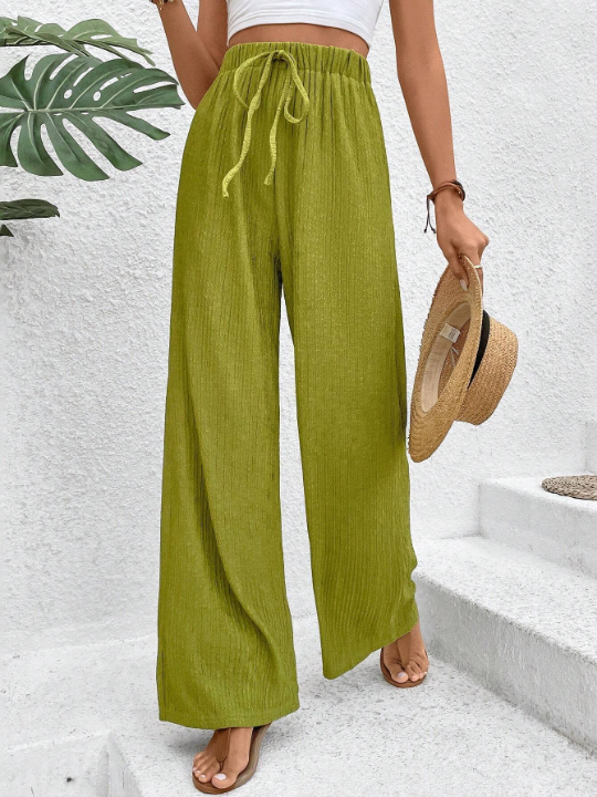 VCAY Women's Solid Color Ribbed Loose Fit Wide Leg Pants