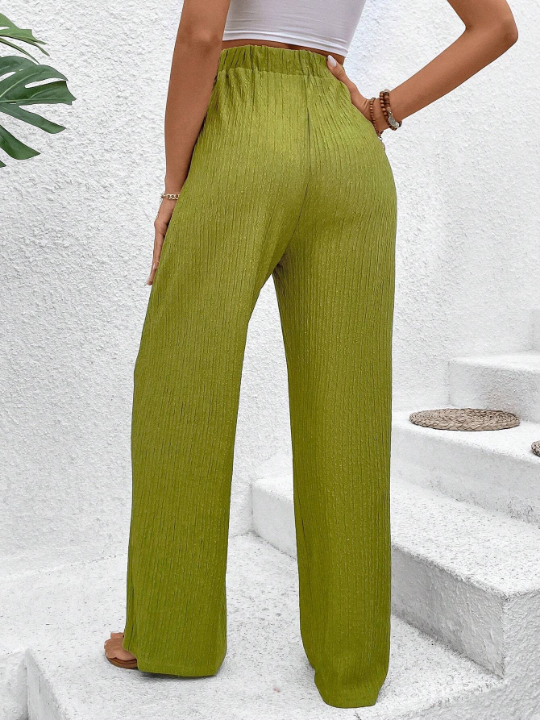 VCAY Women's Solid Color Ribbed Loose Fit Wide Leg Pants