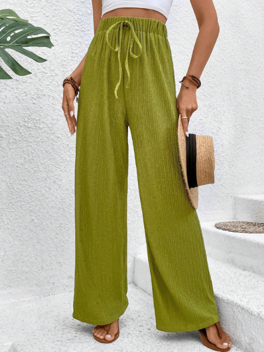 VCAY Women's Solid Color Ribbed Loose Fit Wide Leg Pants