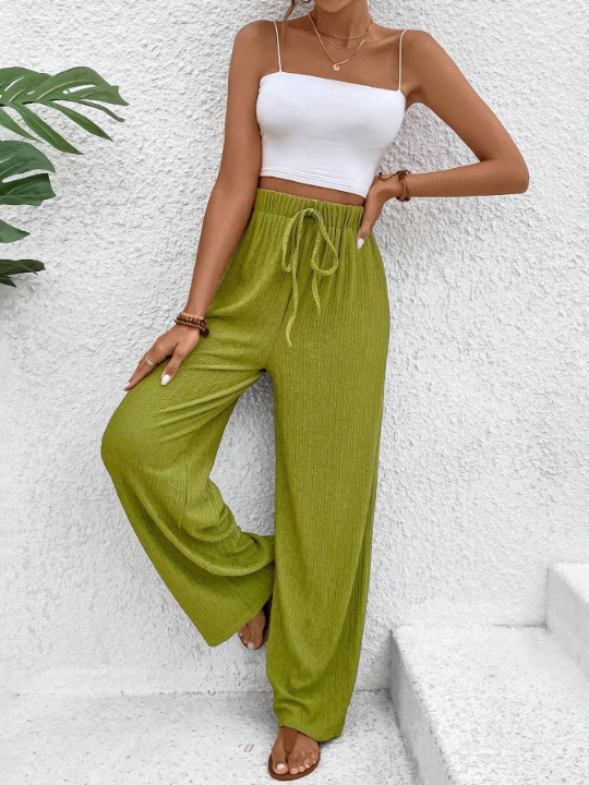 VCAY Women's Solid Color Ribbed Loose Fit Wide Leg Pants