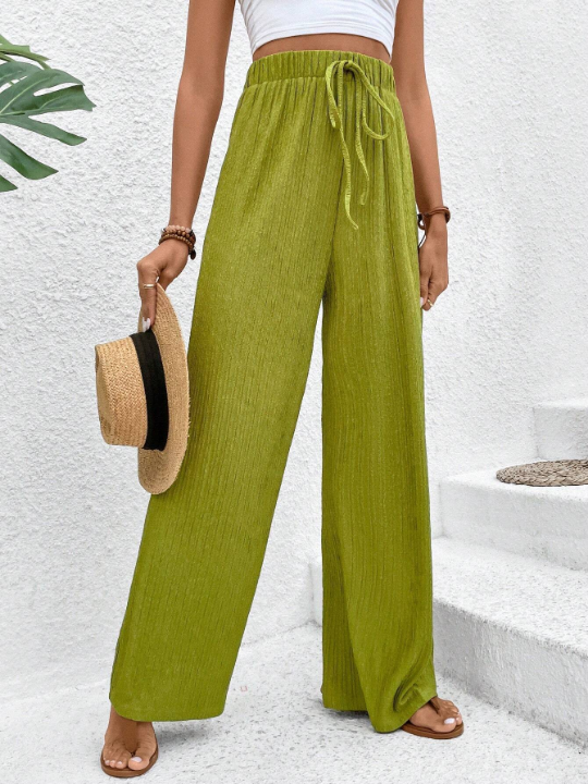 VCAY Women's Solid Color Ribbed Loose Fit Wide Leg Pants