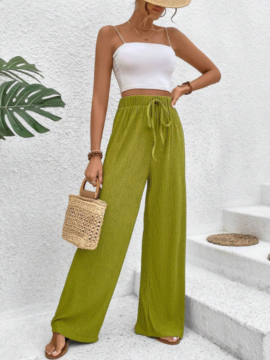 VCAY Women's Solid Color Ribbed Loose Fit Wide Leg Pants