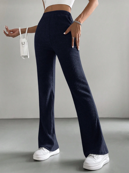 EZwear Solid Color High Waist Long Pants